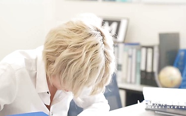 Two guys surprise the blonde Japanese secretary with a steamy office encounter.