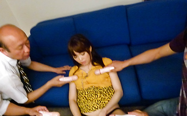 Moe Sakura gives guys a japan blowjob while masturbating